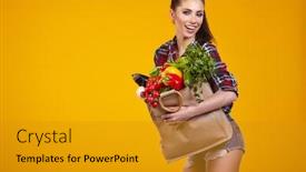  Presentation with grocery bag - PPT theme consisting of young woman with a grocery shopping bag isolated on yellow background background and a gold colored foreground