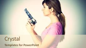  Presentation with powerful - Beautiful PPT theme featuring young woman with a gun backdrop and a cream colored foreground