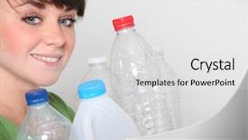  Presentation with plastic bottle - Theme with young woman with a plastic background and a  colored foreground