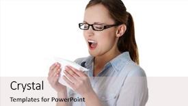  Presentation with allergy - Presentation theme featuring young woman with allergy or cold isolated on white background background and a lemonade colored foreground