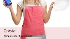  Presentation with apron - Presentation theme with young woman with an apron holding a detergent and a clean plate isolated on white background background and a coral colored foreground