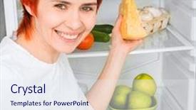  Presentation with refrigerator - Amazing slide deck having young woman with apples against the refrigerator with food backdrop and a sky blue colored foreground