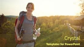  Presentation with healthy living - Audience pleasing PPT theme consisting of young-woman-with-backpack-bottle backdrop and a tawny brown colored foreground