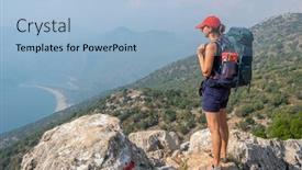  Presentation with backpack - Cool new presentation theme with young-woman-with-backpack-enjoy backdrop and a light blue colored foreground