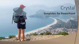  Presentation with backpack - Presentation theme featuring young-woman-with-backpack-enjoy background and a light blue colored foreground