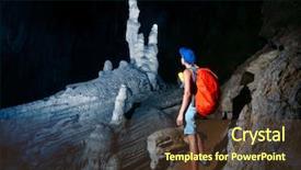  Presentation with cave - Presentation theme enhanced with young woman with backpack exploring huge cave with torch background and a tawny brown colored foreground