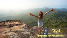  Presentation with cliff - Beautiful presentation theme featuring young woman with backpack standing backdrop and a tawny brown colored foreground