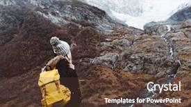  Presentation with young sing woman singing young - Slides with young woman with backpack trekking background and a tawny brown colored foreground