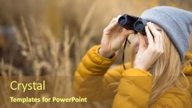  Presentation with fall - Presentation design enhanced with young-woman-with-binoculars-outdoors background and a tawny brown colored foreground