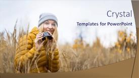  Presentation with fall - Slides featuring young-woman-with-binoculars-outdoors background and a sky blue colored foreground