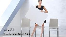  Presentation with advertising - Cool new presentation theme with young-woman-with-blank-advertising backdrop and a light gray colored foreground
