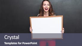  Presentation with blank - Colorful presentation theme enhanced with young woman with blank placard backdrop and a dark gray colored foreground
