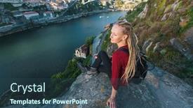  Presentation with cliff - Slide deck consisting of young woman with blond dreadlocks sitting on a high cliff above the river background and a ocean colored foreground