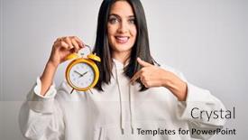  Presentation with clock face - Colorful slide set enhanced with young-woman-with-blue-eyes backdrop and a soft green colored foreground