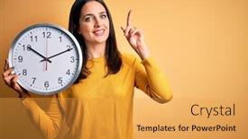  Presentation with clock countdown - Presentation design having young-woman-with-blue-eyes background and a yellow colored foreground