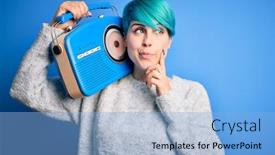  Presentation with vintage radio - Slide set with young-woman-with-blue-fashion background and a light blue colored foreground