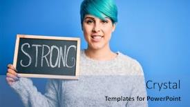  Presentation with standing strong - Cool new presentation theme with young-woman-with-blue-fashion backdrop and a light blue colored foreground