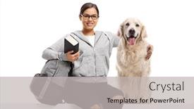  Presentation with book - Audience pleasing PPT theme consisting of young-woman-with-book-sitting backdrop and a light gray colored foreground