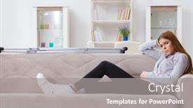  Presentation with broken home - Colorful slide set enhanced with young woman with broken leg at home backdrop and a gray colored foreground