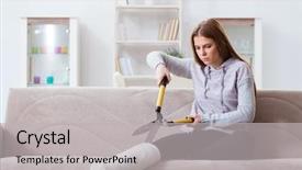  Presentation with broken home - PPT theme with young woman with broken leg background and a  colored foreground