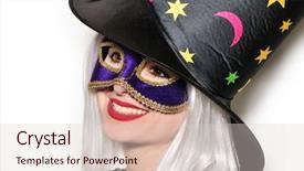  Presentation with hero mask woman - Slides enhanced with young woman with carnival mask background and a  colored foreground