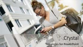  Presentation with vintage car - Presentation theme enhanced with young woman with cellphone next background and a light gray colored foreground