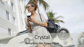  Presentation with vintage car - Presentation with young woman with cellphone next background and a light gray colored foreground