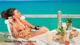  Presentation with cigar - Presentation theme featuring young woman with cigar have a dinner on the beach background and a coral colored foreground