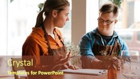  Presentation with employee training - Presentation theme having young-woman-with-clipboard-training background and a tawny brown colored foreground