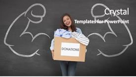  Presentation with donation food clothes - Audience pleasing PPT theme consisting of young woman with clothes donation backdrop and a dark gray colored foreground
