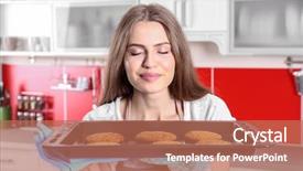  Presentation with baking cookies - Audience pleasing slide set consisting of young woman with cookies on baking tray in kitchen backdrop and a coral colored foreground