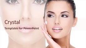  Presentation with customer service face of pretty - Slide set featuring young woman with cosmetic cream background and a lemonade colored foreground