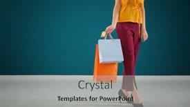  Presentation with credit card - Amazing PPT theme having young woman with credit card and shopping bags against color wall backdrop and a light gray colored foreground