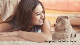  Presentation with pet - Colorful PPT layouts enhanced with young woman with cute pet cat on floor at home backdrop and a coral colored foreground