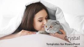  Presentation with pet - Beautiful presentation theme featuring young woman with cute pet cat in bed at home backdrop and a mint green colored foreground