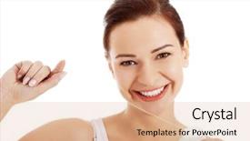  Presentation with dental floss - Slide deck enhanced with young woman with dental floss background and a coral colored foreground