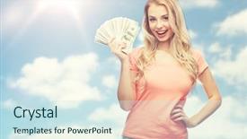  Presentation with investment money - Colorful PPT theme enhanced with young woman with dollar cash backdrop and a sky blue colored foreground