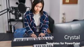  Presentation with piano keyboard - PPT theme having young-woman-with-down-syndrome background and a dark gray colored foreground