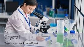  Presentation with microscope - Slide deck featuring young-woman-with-down-syndrome background and a light gray colored foreground