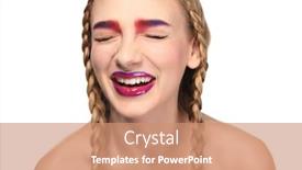  Presentation with blue and white tie dye swirl - PPT theme with young woman with dyed eyebrows on white background background and a coral colored foreground