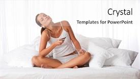  Presentation with ear - Amazing slides having young woman with ear buds backdrop and a  colored foreground