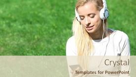  Presentation with listening woman - Colorful PPT theme enhanced with young-woman-with-earphones backdrop and a  colored foreground