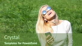  Presentation with listening woman - Cool new PPT theme with young-woman-with-earphones backdrop and a  colored foreground