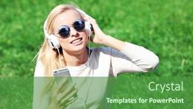  Presentation with listening woman - Presentation theme enhanced with young-woman-with-earphones background and a  colored foreground