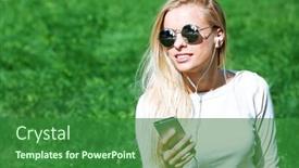  Presentation with listening woman - Slides featuring young-woman-with-earphones background and a  colored foreground