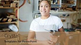  Presentation with drill - Slide set consisting of young woman with electric drill wearing apron while working background and a coral colored foreground