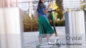  Presentation with electric scooter - Audience pleasing presentation design consisting of young woman with electric scooter backdrop and a light blue colored foreground