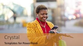  Presentation with electric scooter - Amazing slide deck having young-woman-with-electric-scooter backdrop and a gold colored foreground