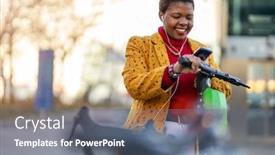  Presentation with electric scooter - PPT theme consisting of young-woman-with-electric-scooter background and a gray colored foreground