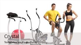 Presentation with machines - Beautiful presentation theme featuring young woman with exercising machine backdrop and a light gray colored foreground